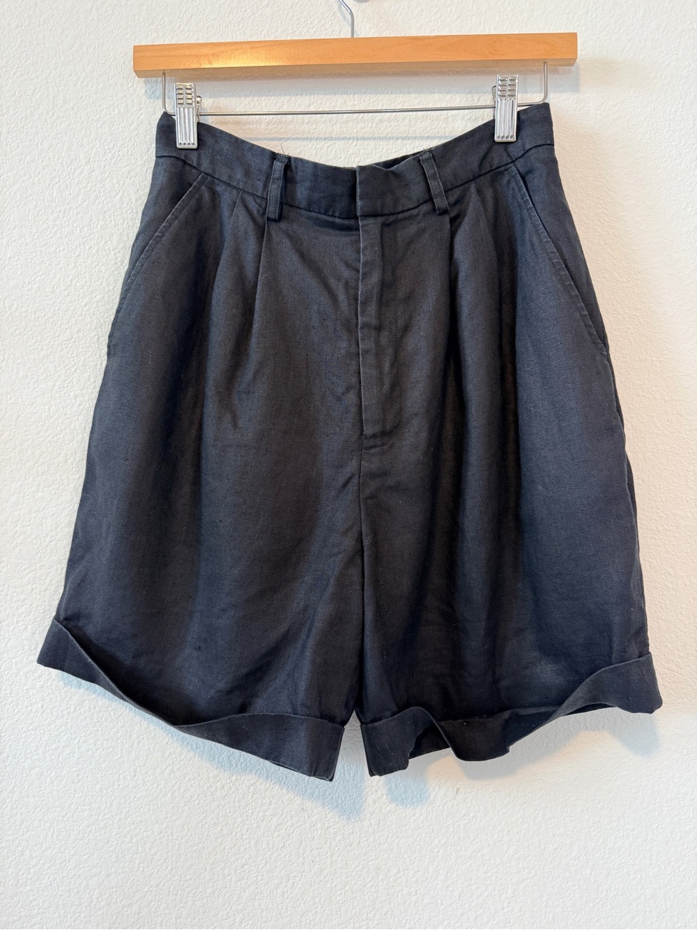 Vintage Black Linen Pleated Cuffed Shorts High Rise Cottagecore Pockets